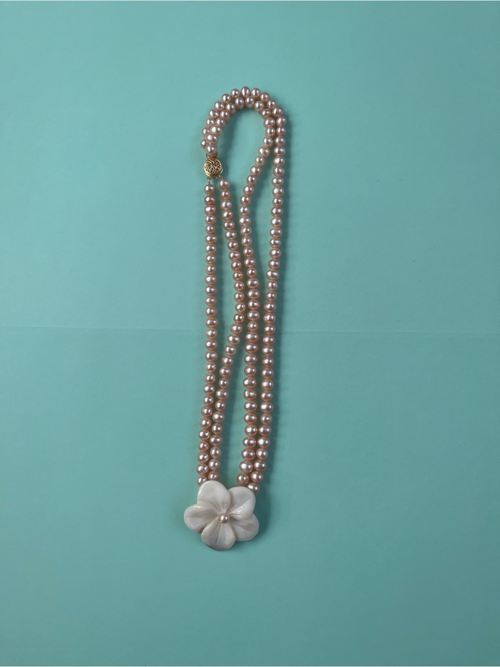 Pink Pearl Double-Strand Necklace with White Flower Pendant